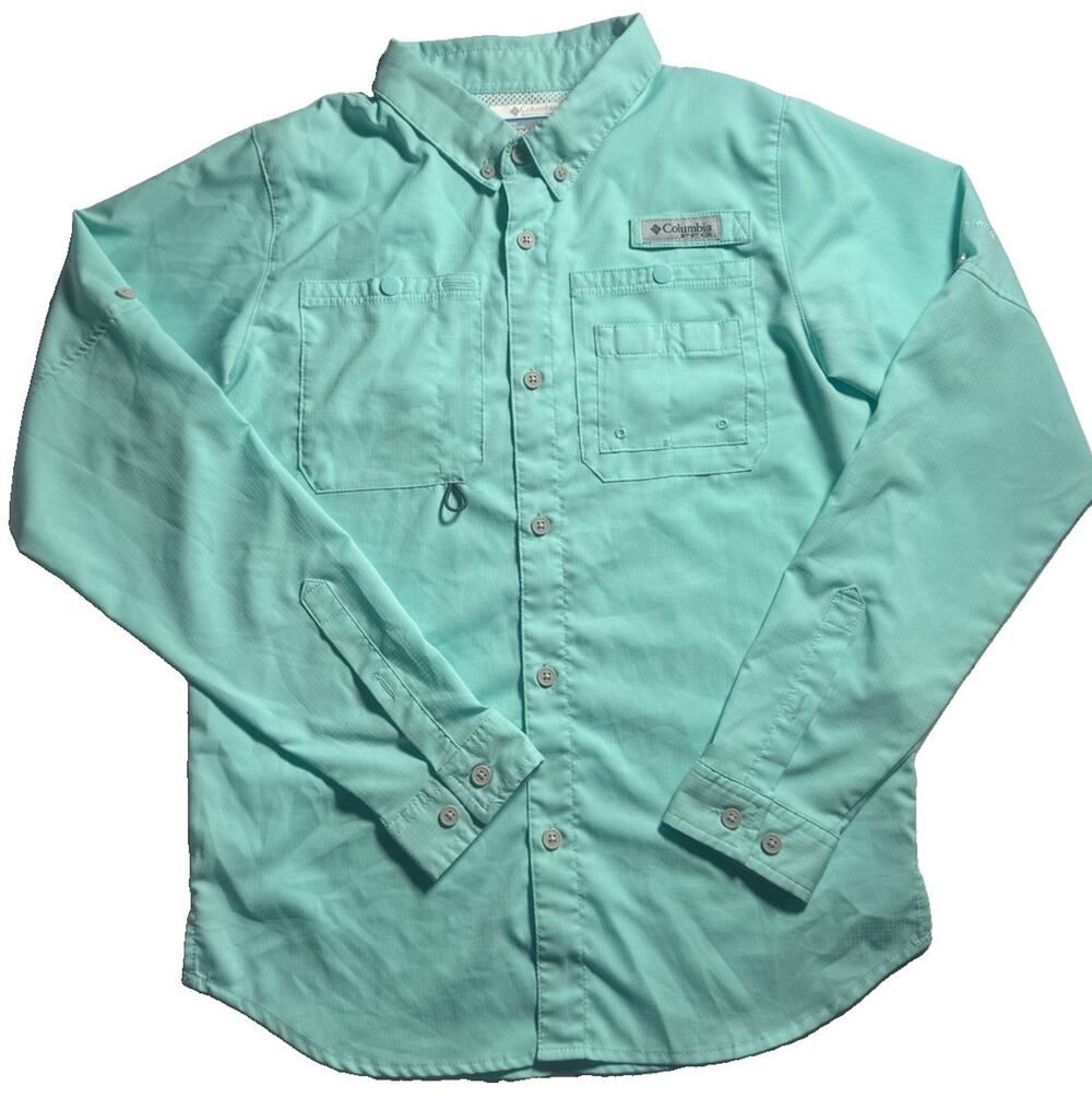 Columbia PFG Youth L 14/16 Fishing Shirt Long Sleeve Button Up Aqua Blue Vented